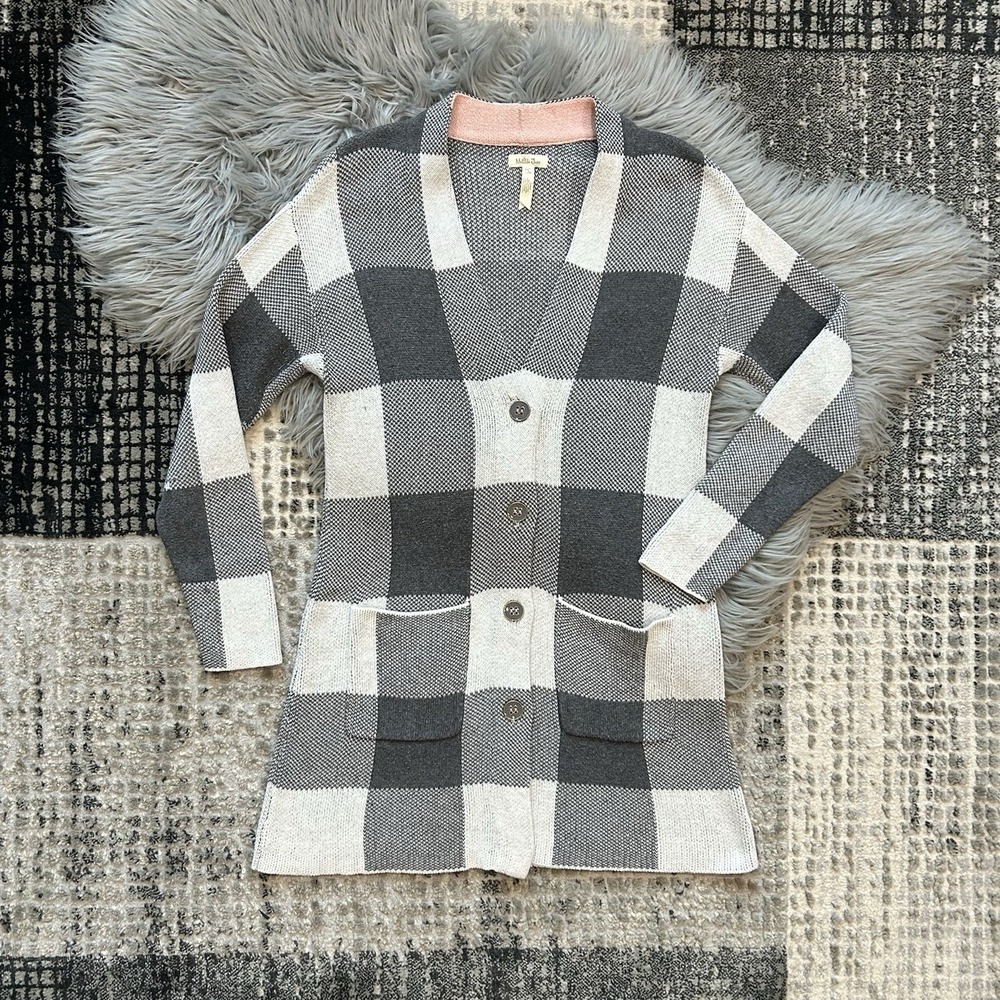 Matilda Jane Enola Cardigan Womens Gray Ivory Check Button Front Sweater Small